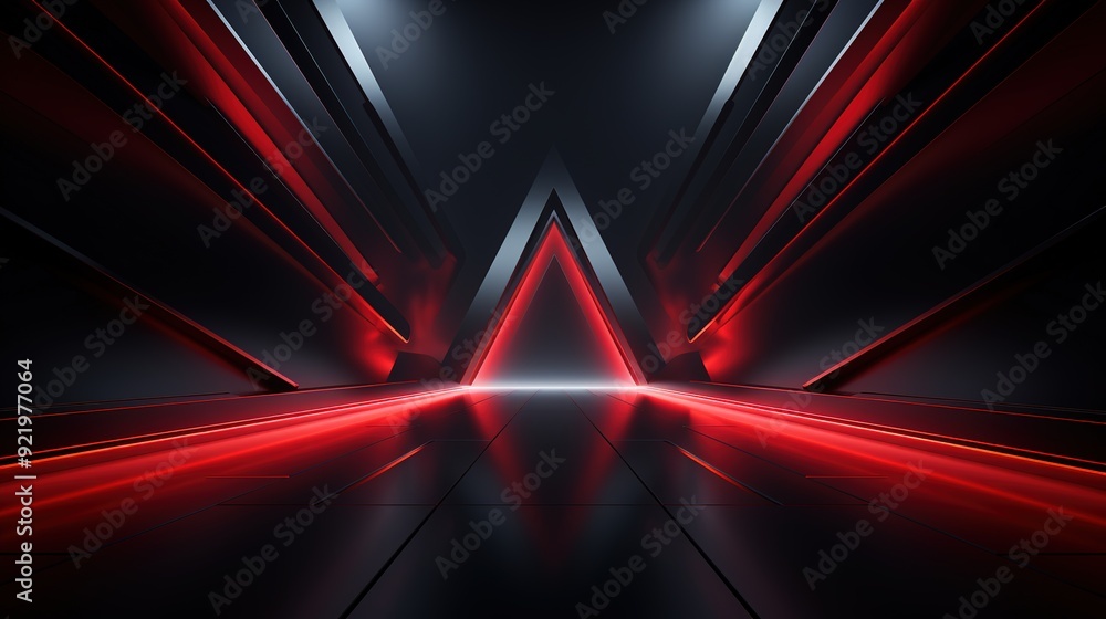 Abstract red glowing lines in a dark futuristic geometric corridor. Abstract red glowing lines in a dark futuristic geometric corridor.