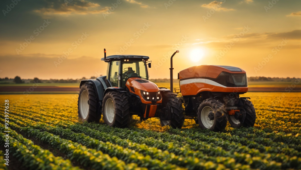 Fototapeta premium Innovation technology smart farming with Robot tractor, AI generated