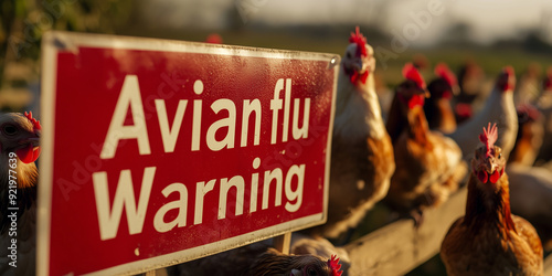 outbreak  of Avian flu influenza  h5n1 illness in poultry chicken on red warning signboard 