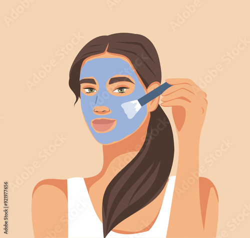 Facial skin care, a woman applies a clay mask with a brush. Facial cleansing, toning, cream mask. A beautiful woman takes care of her facial skin. Vector flat illustration for advertising, banner