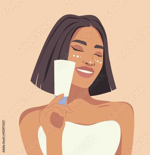 Facial skin care, a girl applies and advertises cream. African American woman takes care of her facial skin. Cosmetology. Beautiful healthy skin. Vector flat illustration for advertising, website