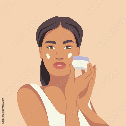 Facial skin care, beautiful woman applies and advertises cream. A Latin American woman takes care of her facial skin. Cosmetology. Beautiful healthy skin. Vector flat illustration for advertising, web