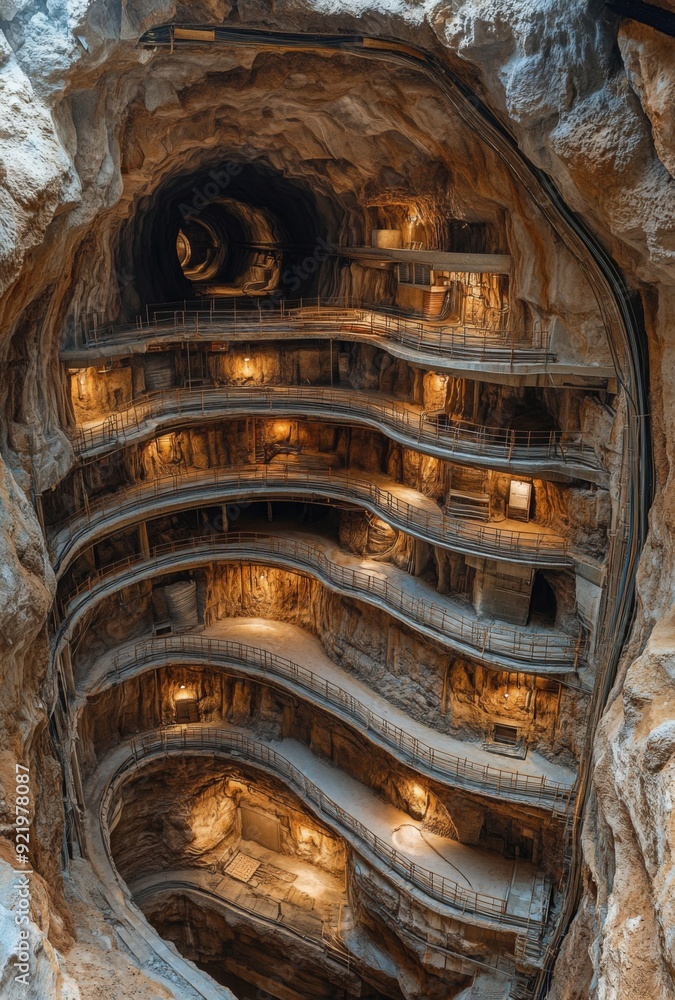A cross-section view of an underground tunnel system, showing multiple levels and pathways A cross-section view of an underground tunnel system, showing multiple levels and pathways