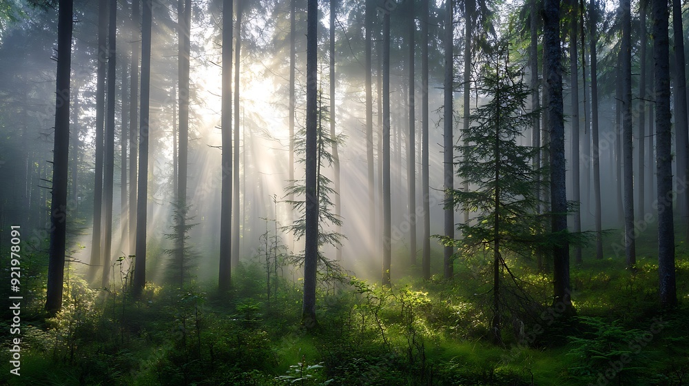 Obraz premium Sunbeams dance through misty woodland, painting foliage with golden hues