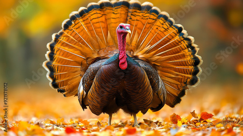 wild turkey bird in autumn forest strutting tail  feathers 