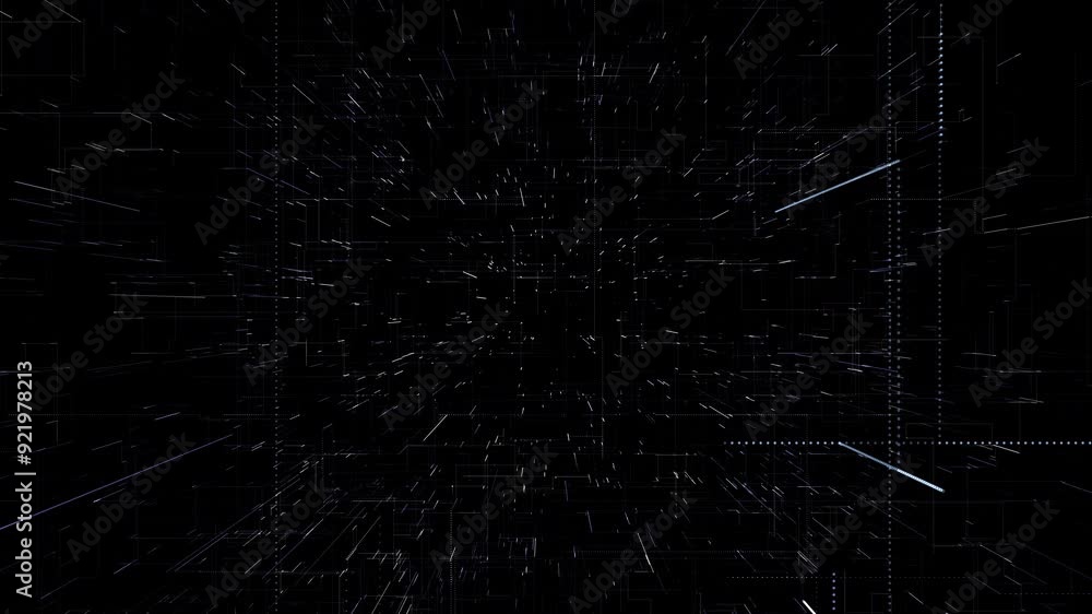 Abstract communication network. Data transmission network. Growing dotted lines between dots on a black background. Abstract communication network. Data transmission network. Growing dotted lines between dots on a black background.