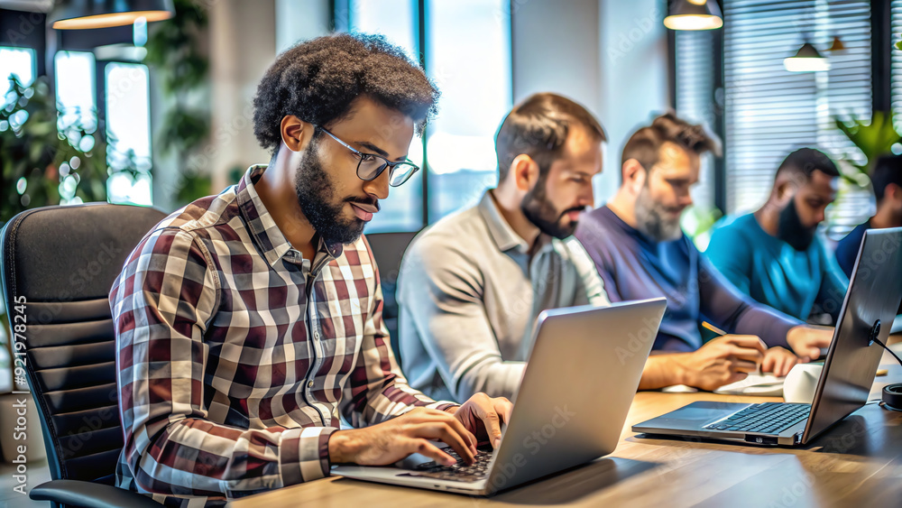 Fototapeta premium Business team collaborating on laptops in modern office, showcasing technology and teamwork