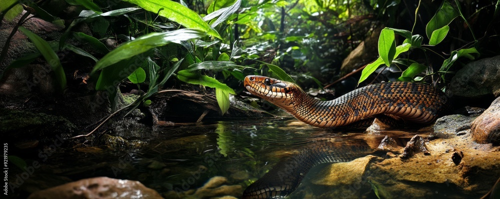 Fototapeta premium Boa constrictor snake emerging from water in lush tropical rainforest
