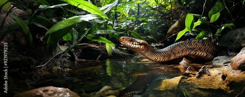 Boa constrictor snake emerging from water in lush tropical rainforest