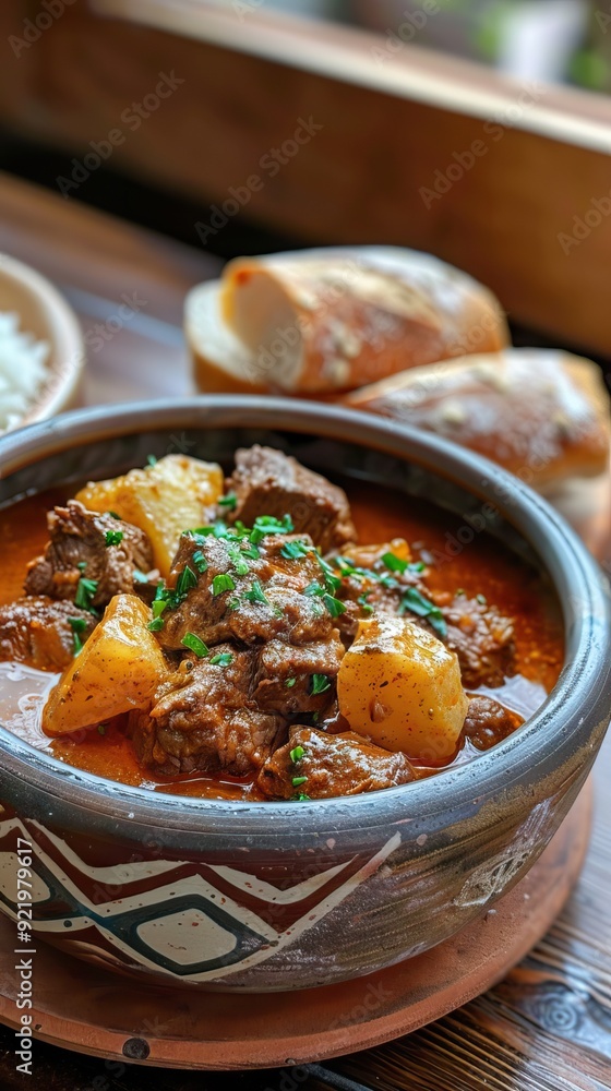 A rich and creamy Hungarian goulash with tender beef, paprika, and potatoes. AI generated illustration A rich and creamy Hungarian goulash with tender beef, paprika, and potatoes. AI generated illustration