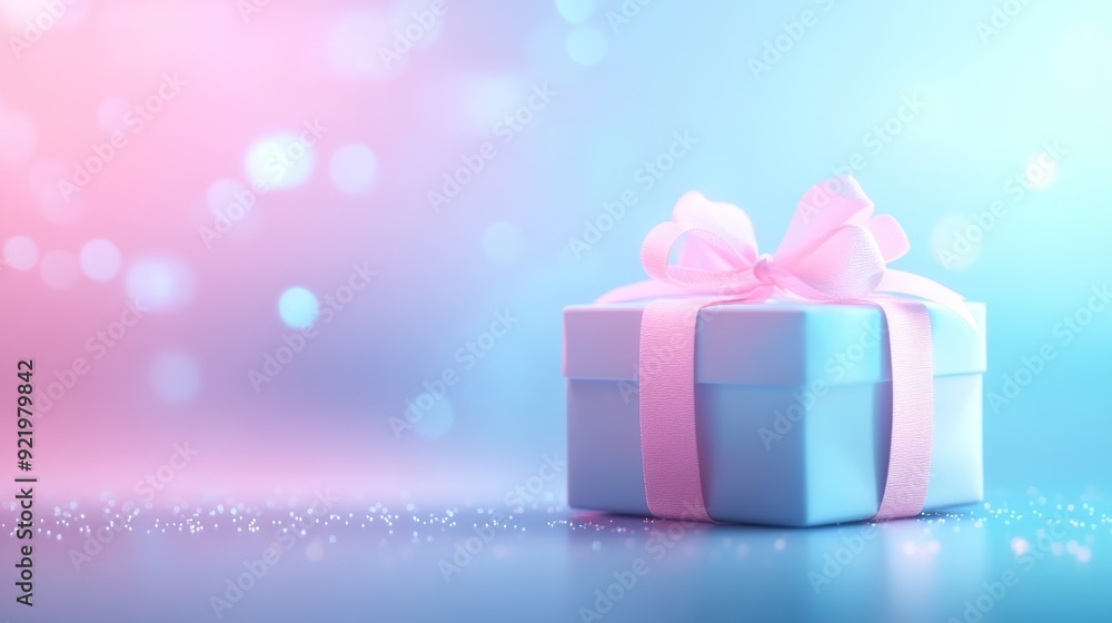Blue gift box with pink ribbon on sparkling pastel blue background Blue gift box with pink ribbon on sparkling pastel blue background