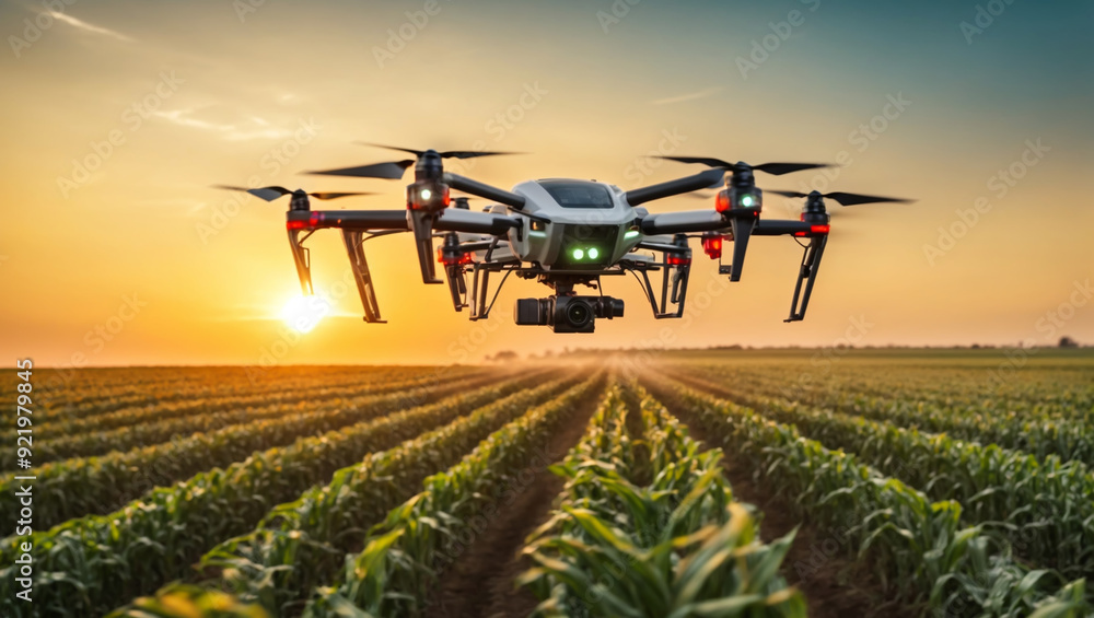 Applying fertilizer using a drone on green corn Farm automation and agricultural technology, AI generated Applying fertilizer using a drone on green corn Farm automation and agricultural technology, AI generated