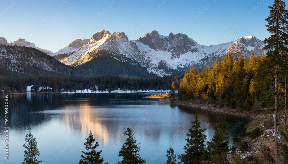 Fototapeta premium A high-resolution photo of a serene mountain landscape during sunrise, with a clear blue sky, snow-capped peaks, and a calm lake reflecting the scenery. The foreground has green pine trees, and the li