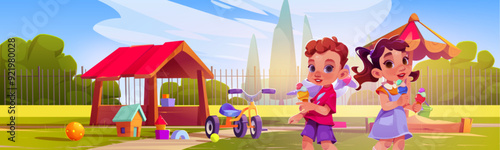 Children with ice cream in hands on yard with playground. Cartoon vector illustration cute smiling kids girl and boy with cold sweet dessert in park with sandbox and toys, childish house and bicycle.
