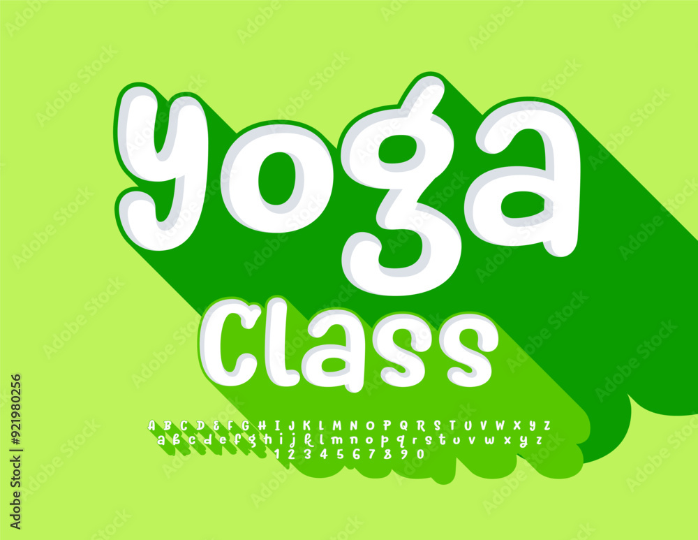 Naklejka premium Vector stylish poster Yoga Class. 3D Font with Big Green Shadow. Artistic Alphabet Letters and Numbers set.
