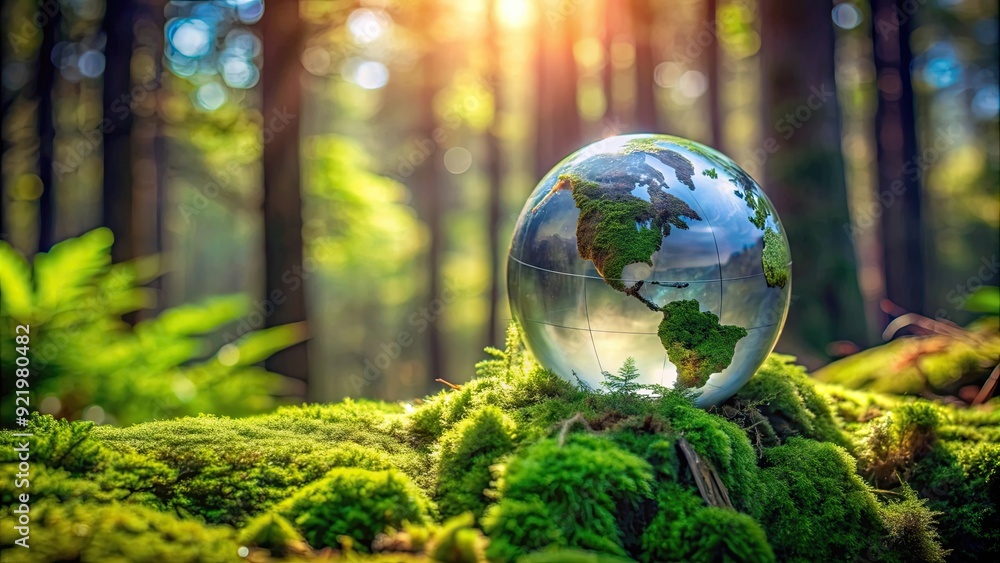 Globe nestled on vibrant moss in lush forest , globe, moss, green, environment, nature, earth, conservation, eco-friendly Globe nestled on vibrant moss in lush forest , globe, moss, green, environment, nature, earth, conservation, eco-friendly