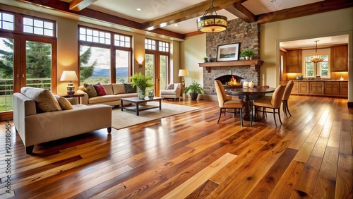 Warm and inviting, this beautiful oak wood floor features a rich, honey-colored finish, perfect for adding a touch of rustic charm to any room.