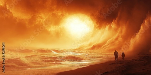 Two Silhouettes Walking on a Beach Towards a Large Sun Under an Orange Sky