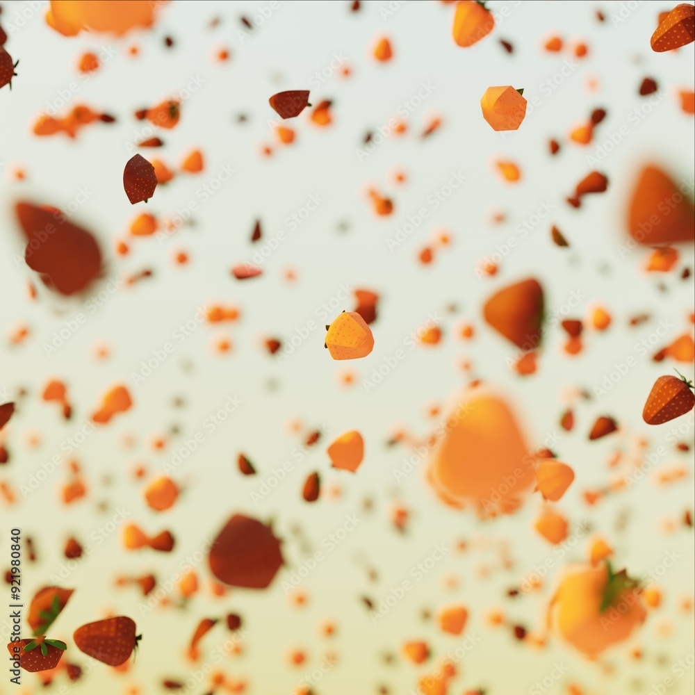 Stop motion of 3d render lowpoly fruit splash or falling flying from the air on the surface on blue sky background. fruit object design concept. Stop motion of 3d render lowpoly fruit splash or falling flying from the air on the surface on blue sky background. fruit object design concept.