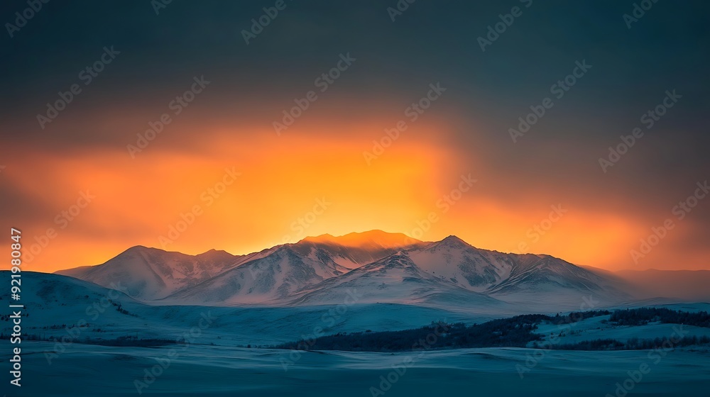 Panoramic sunset paints snowy alpine peaks with golden light, casting long shadows across icy glacier Panoramic sunset paints snowy alpine peaks with golden light, casting long shadows across icy glacier