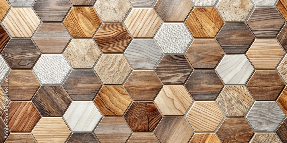 Fototapeta premium Hexagonal tiles with realistic wood textures in various shades and grains perfect for creating a natural and organic design aesthetic