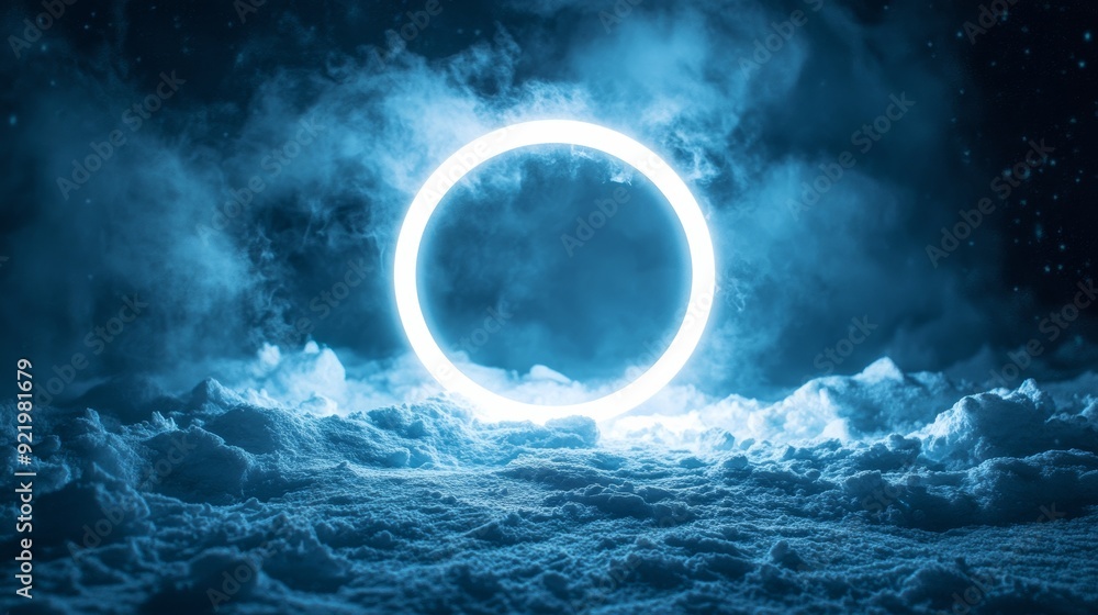 A luminous circle surrounded by mist and snow in a dark environment at night A luminous circle surrounded by mist and snow in a dark environment at night