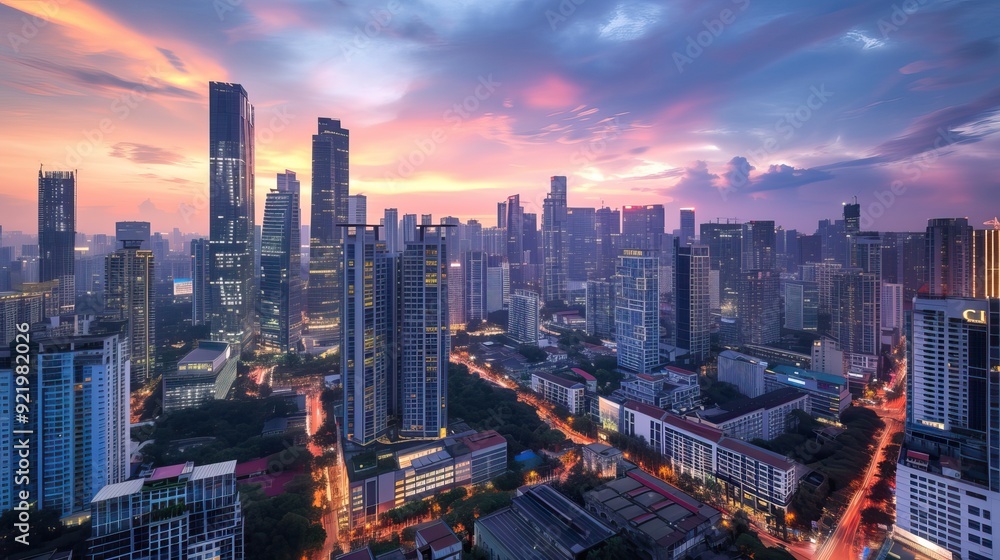 Aerial view of a modern city skyline at sunset with illuminated streets and skyscrapers. Aerial view of a modern city skyline at sunset with illuminated streets and skyscrapers.