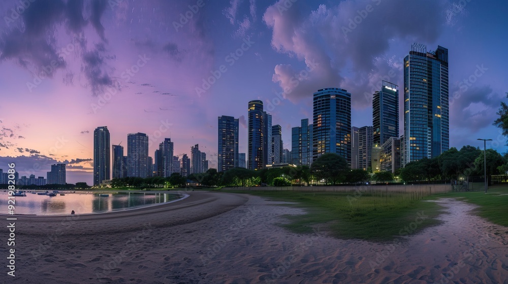 Panoramic view of a city skyline at dusk with high-rise buildings and a beach in the foreground. Panoramic view of a city skyline at dusk with high-rise buildings and a beach in the foreground.