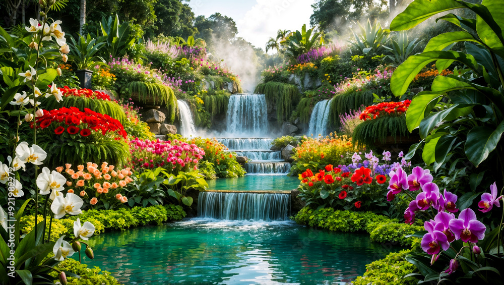 Naklejka premium Beautiful landscape with waterfalls flowing through a green garden full of colorful flowers
