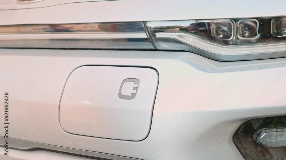 Hand Unlocking Electric Car Door for Charging in Daylight Hand Unlocking Electric Car Door for Charging in Daylight