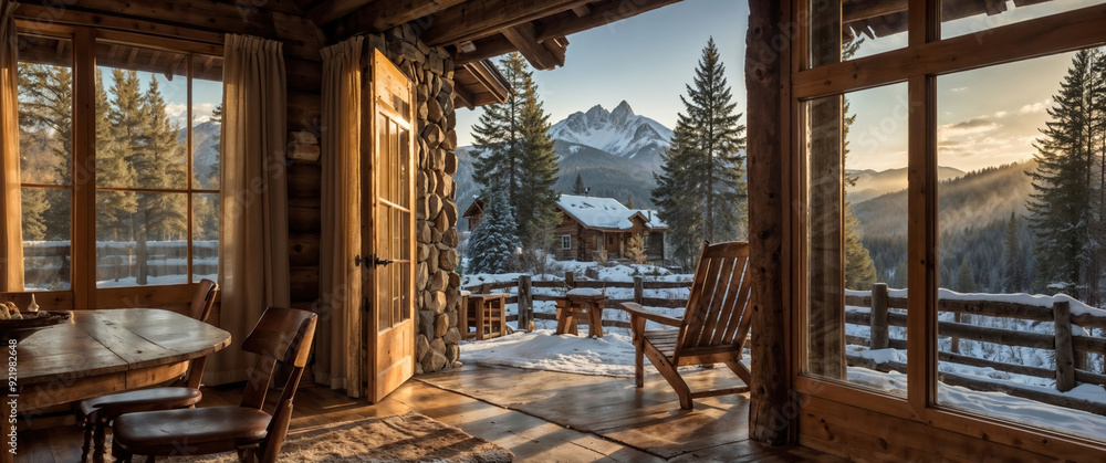 Obraz premium Warm wooden chalet interior opening onto snowy mountain view