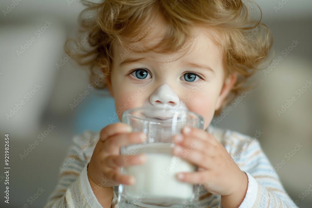 Close-up of a toddler with curly blonde hair drinking milk, a white mustache forming above his lip. Close-up of a toddler with curly blonde hair drinking milk, a white mustache forming above his lip.