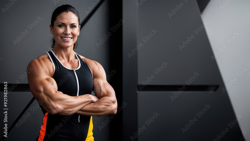 Smiling bodybuilder woman posing with crossed arms in a gym Smiling bodybuilder woman posing with crossed arms in a gym