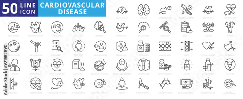 Cardiovascular disease icon set with stroke, hypertension, atherosclerosis, arrhythmia, heart failure, cholesterol and triglycerides.