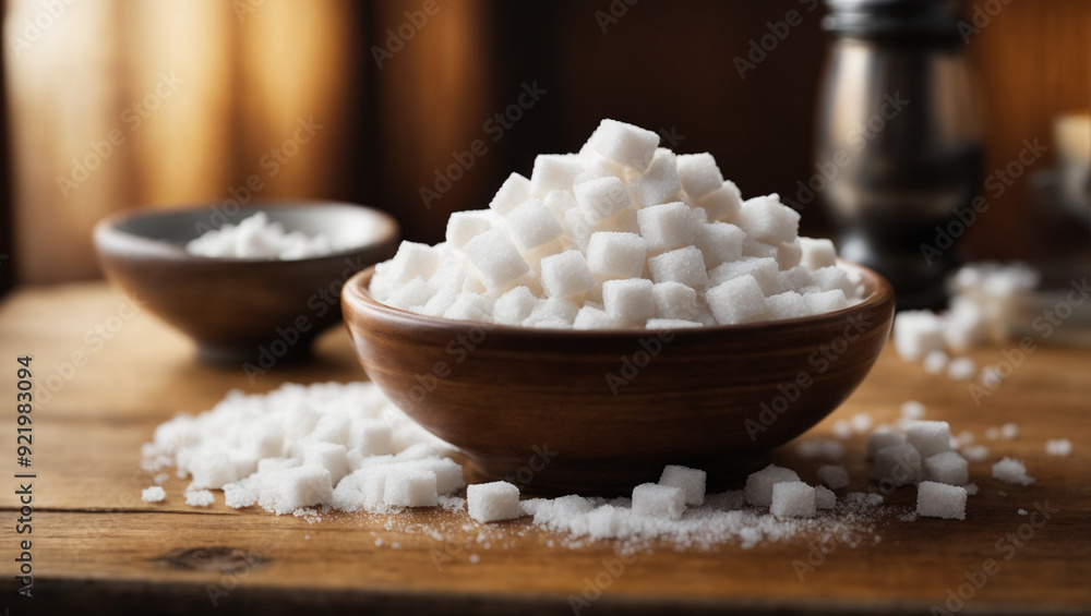 Two A cup filled with sugar cubes was in the shape of a pyramid. and lots of sugar cubes on the wooden table, AI generated, AI generated Two A cup filled with sugar cubes was in the shape of a pyramid. and lots of sugar cubes on the wooden table, AI generated, AI generated