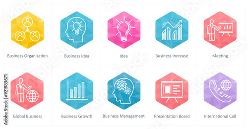A set of 10 business icons as business organization, idea, business increase