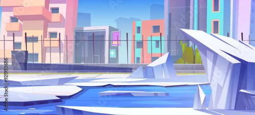 Broken ice on city river. Vector cartoon illustration of urban street with modern hospital and apartment buildings, iron fence along town park, frozen floes floating on water surface, spring cityscape