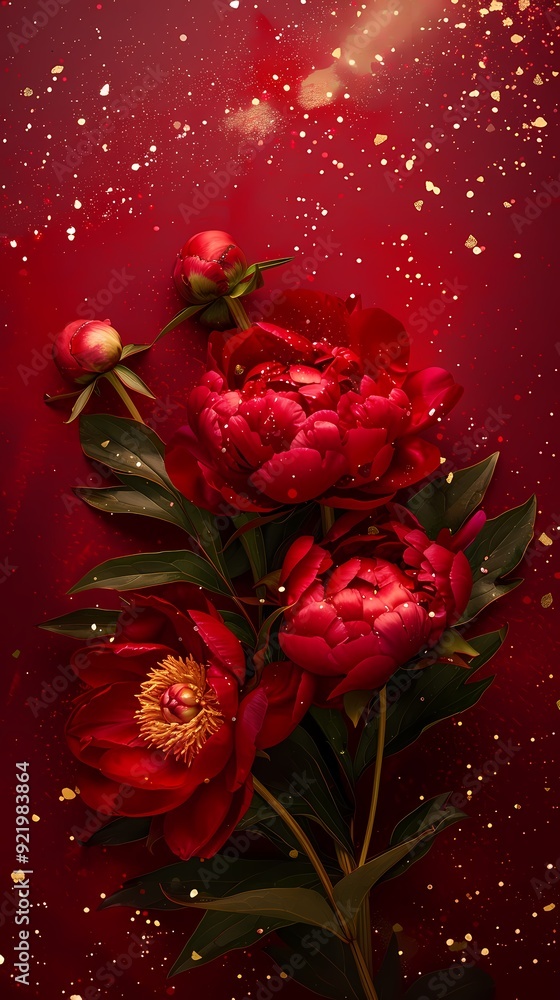 Obraz premium Traditional red gold peony illustration poster background 