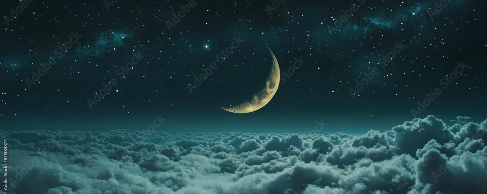 Crescent moon shining over sea of clouds and starry sky Crescent moon shining over sea of clouds and starry sky