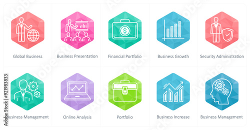 A set of 10 business icons as global business, business presentation, financial portfolio