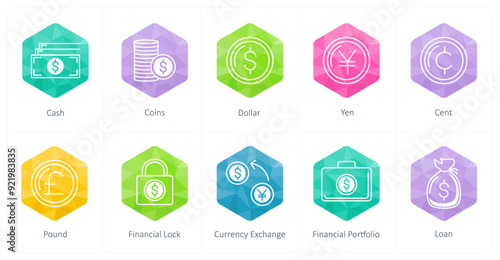 A set of 10 business icons as cash, coins, dollar
