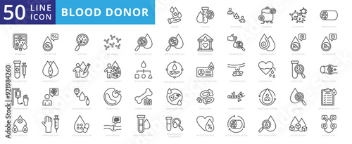 Blood donor icon set with blood, donation, plasma, platelets, hemoglobin, apheresis, phlebotomy, transfusion and crossmatch.
