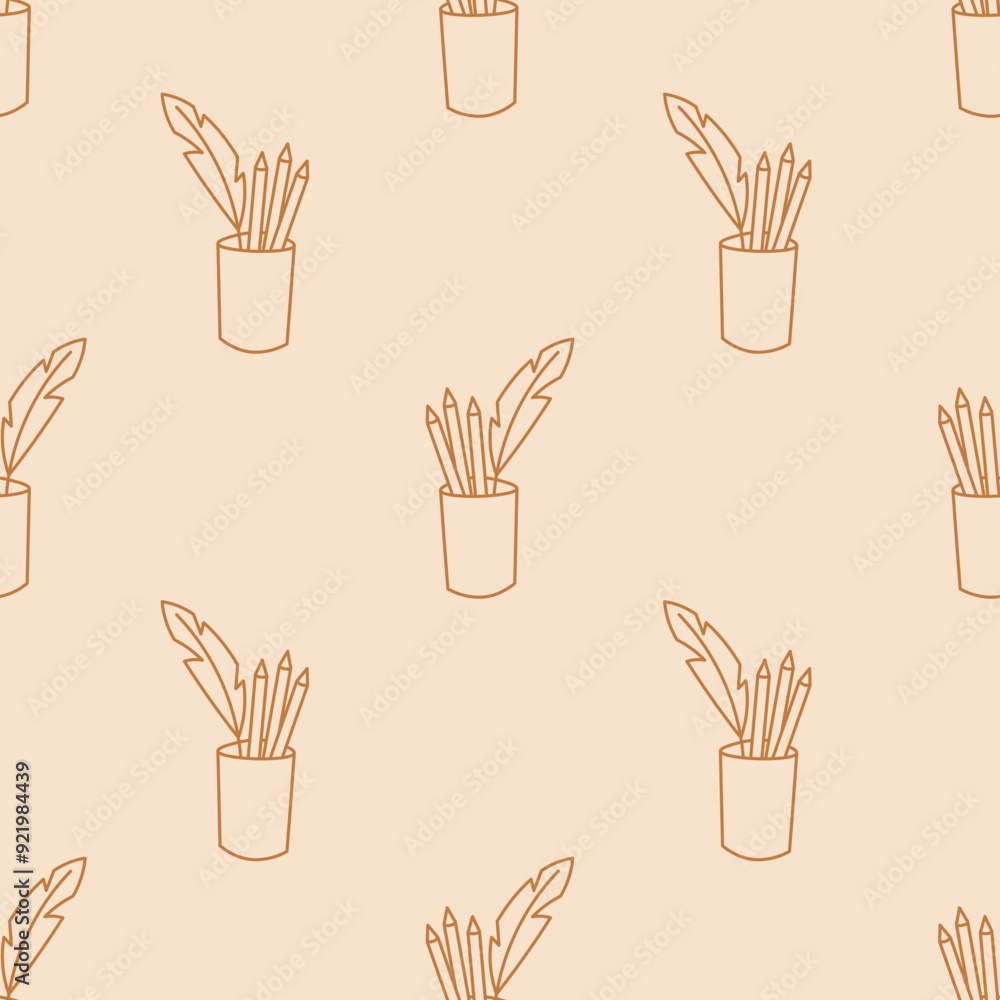Fototapeta premium Stationery Doodle Seamless Pattern. Hand drawn elegant beige background with line pen holder. Writing supplies stand. Simplicity. Vector illustration