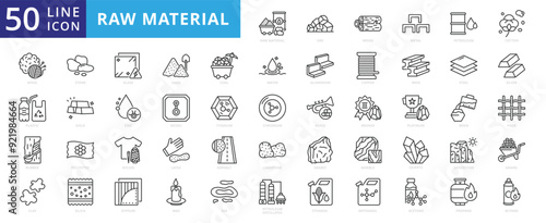 Raw material icon set with ore, wood, metal, petroleum, cotton, wool, plastic, rubber, clay, stone, glass and sand.