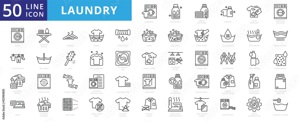 Laundry icon set with detergent, fabric softener, bleach, stain remover, washing machine, dryer and clothesline. Laundry icon set with detergent, fabric softener, bleach, stain remover, washing machine, dryer and clothesline.