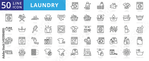 Laundry icon set with detergent, fabric softener, bleach, stain remover, washing machine, dryer and clothesline.