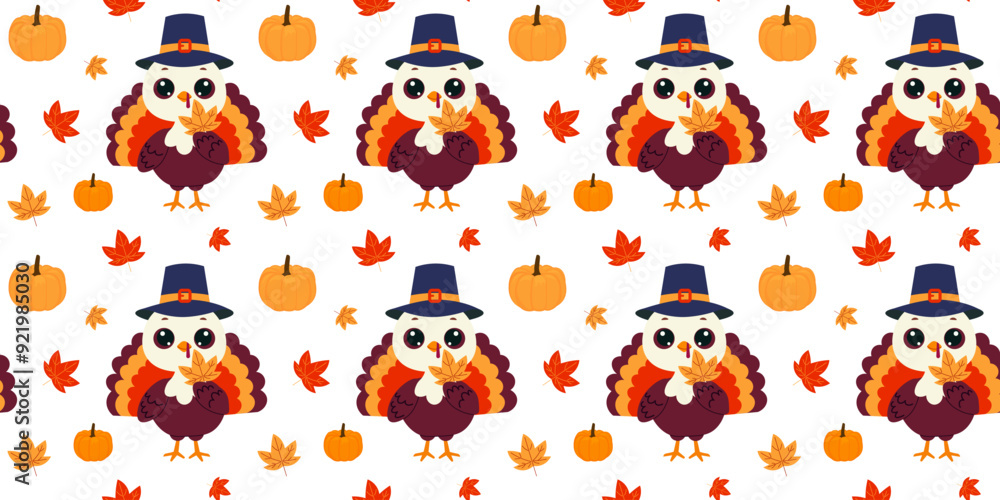 Seamless pattern featuring cute turkeys wearing pilgrim hats, holding autumn leaves. The background is decorated with scattered pumpkins and colorful fall leaves. Perfect for Thanksgiving designs. Seamless pattern featuring cute turkeys wearing pilgrim hats, holding autumn leaves. The background is decorated with scattered pumpkins and colorful fall leaves. Perfect for Thanksgiving designs.