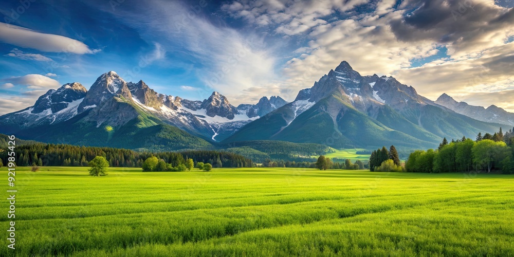 Green field with majestic mountains in the background, nature, landscape, outdoor, environment, scenic, hills, peaceful, tranquil Green field with majestic mountains in the background, nature, landscape, outdoor, environment, scenic, hills, peaceful, tranquil