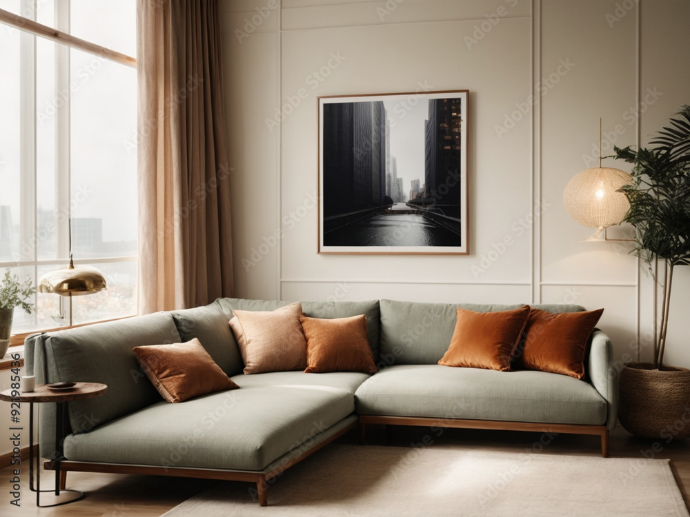 The living room is beautifully decorated, with light falling on it.AI generated The living room is beautifully decorated, with light falling on it.AI generated