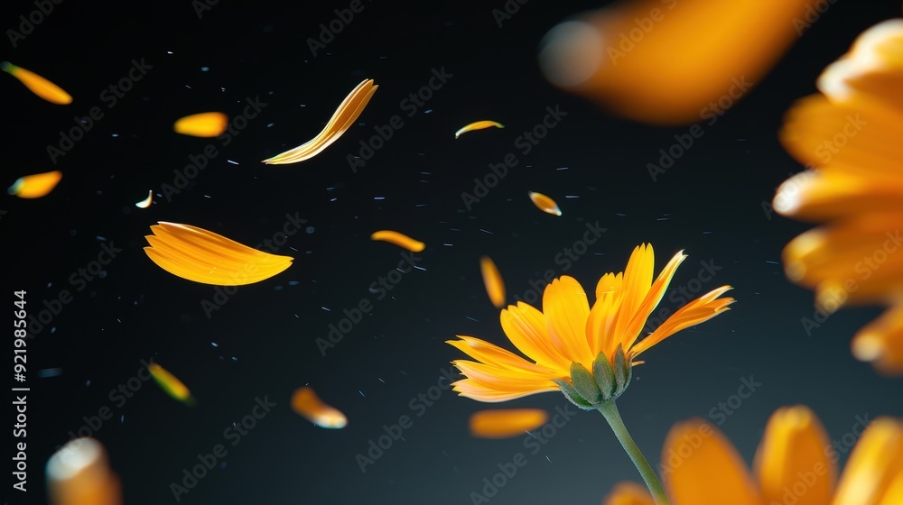 Radiant Calendula Petals Dance in Darkness - Vibrant Floral Illustration with Illuminated Petals on Black Background Radiant Calendula Petals Dance in Darkness - Vibrant Floral Illustration with Illuminated Petals on Black Background